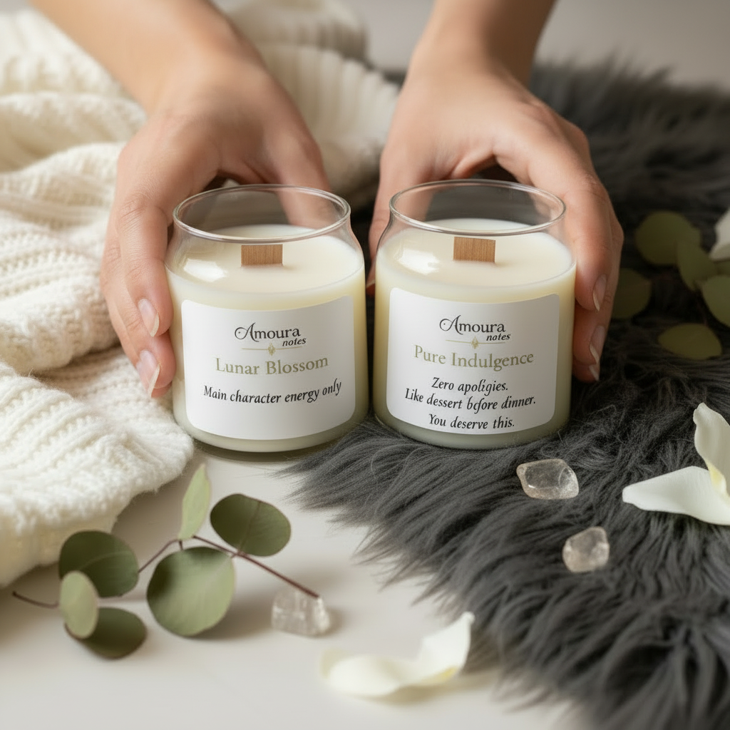 Amoura Notes candles with hands and wooden wicks